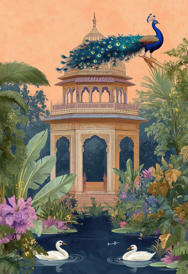 An ornate pavilion stands above a lotus pond with a peacock, swans, and lush tropical plants.