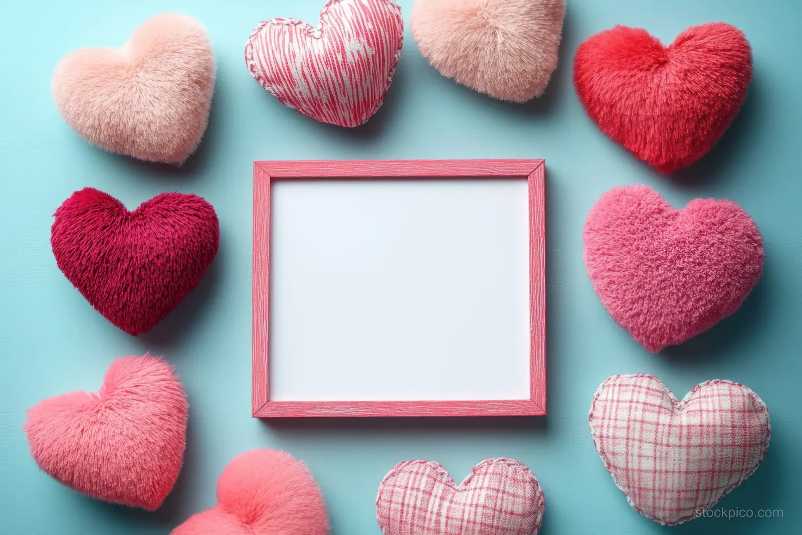 Heart-shaped fabric decorations surround a blank pink framed greeting card on a teal background.