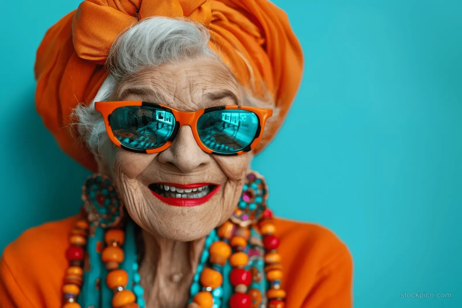 Elderly woman in orange clothing smiles in turquoise sunglasses and colorful bead necklaces.