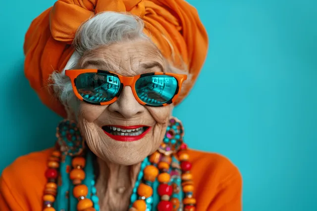 Joyful elderly woman in orange outfit with turquoise sunglasses and beads