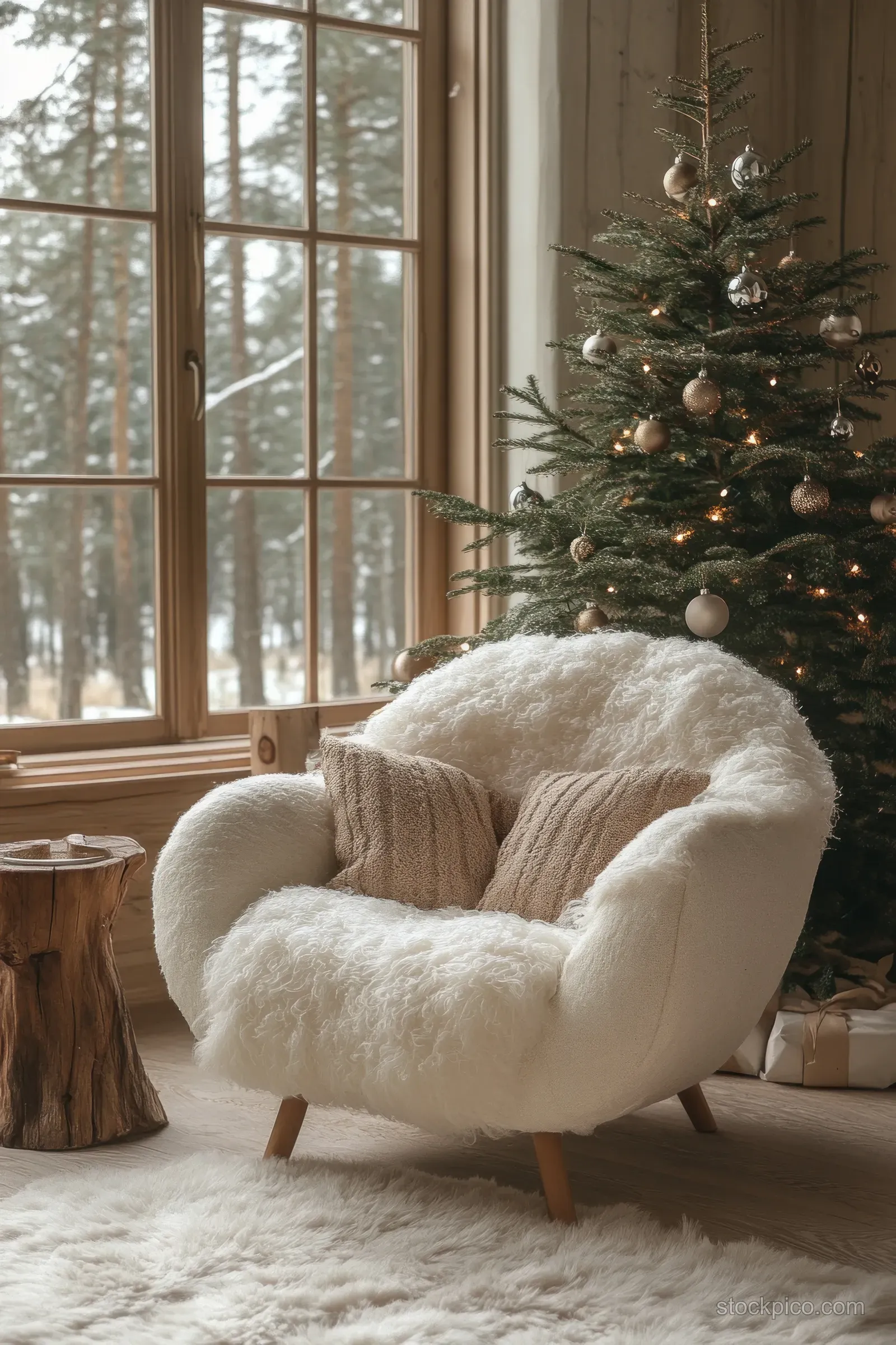 Snowy daylight falls through a window onto a plush armchair beside a decorated Christmas tree.