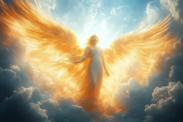 Glowing angel with golden wings emerging from bright clouds, casting radiant beams in the sky