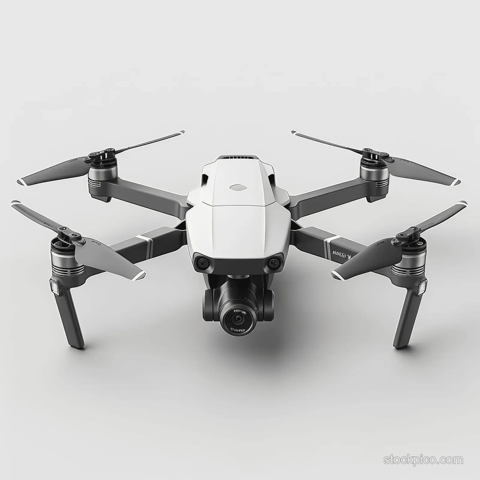 A detailed drone with front camera lens and four propellers positioned on a clean white studio background.