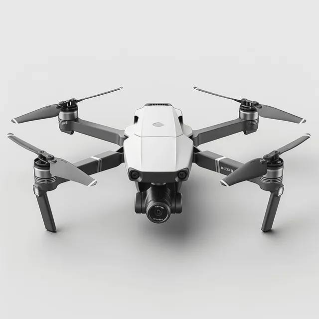 A detailed drone with front camera lens and four propellers positioned on a clean white studio background.