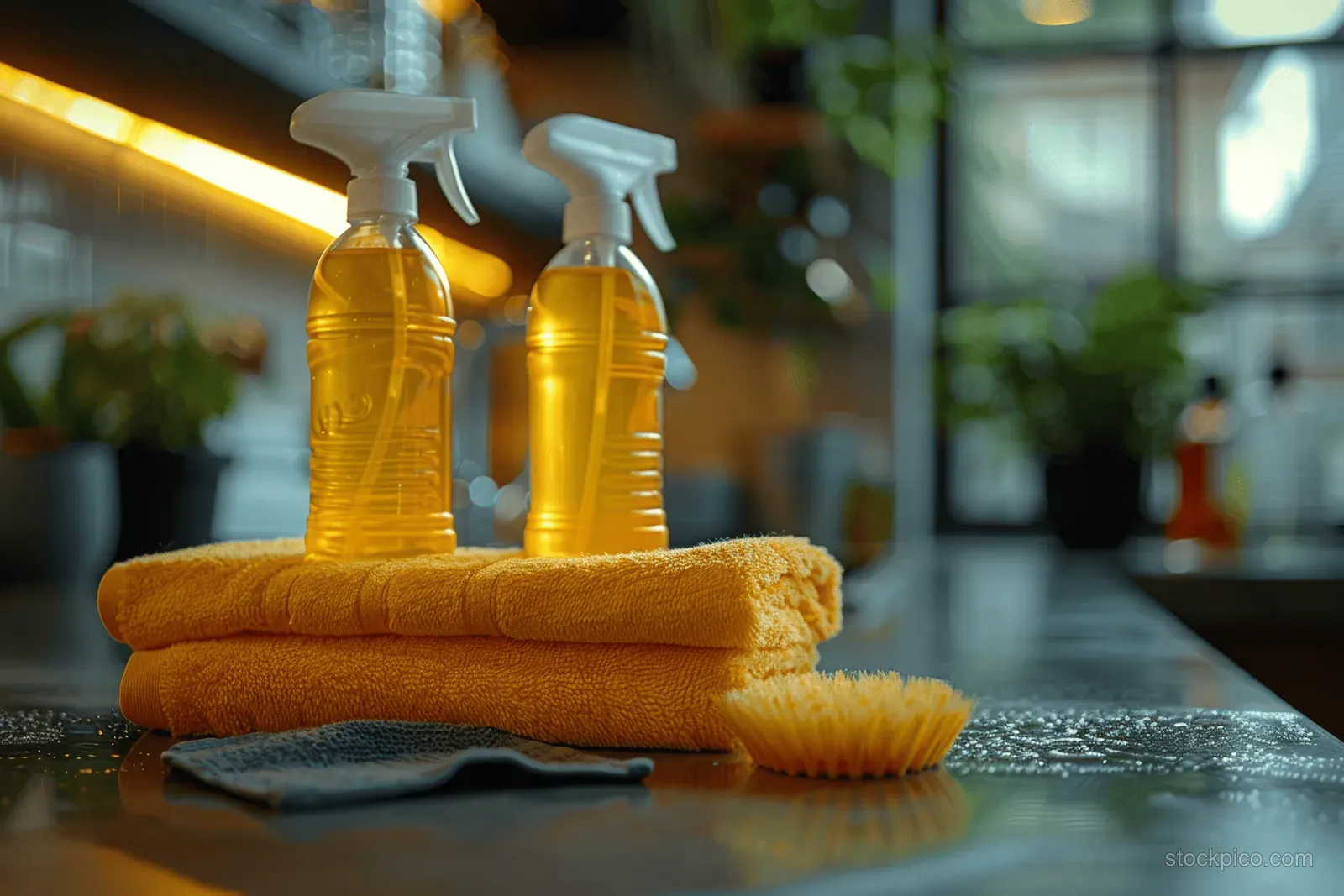 Spray bottles and microfiber cloths are arranged on a kitchen counter with a warm blurred background.
