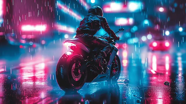 A rider on a neon motorcycle speeds through a rainy cyberpunk street, with bright lights reflected on wet pavement.