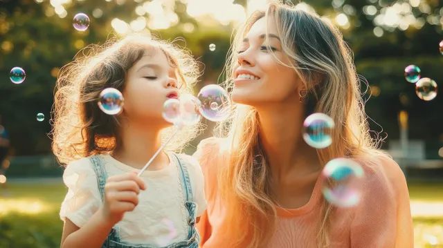 A young girl blows bubbles outdoors while a smiling woman watches in warm sunlit greenery.