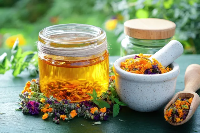 Golden marigold ointment in a glass jar with dried marigold petals and herbs in a small mortar on a wooden table.