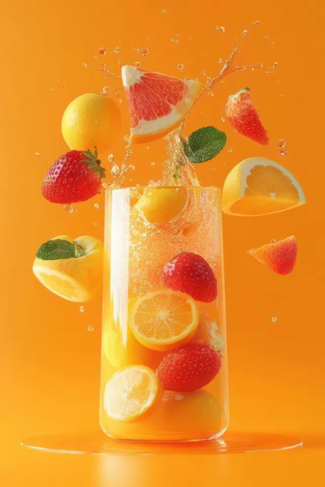 Apricot and citrus juice splashes around a glass with floating fruit slices and green leaves on an orange background.