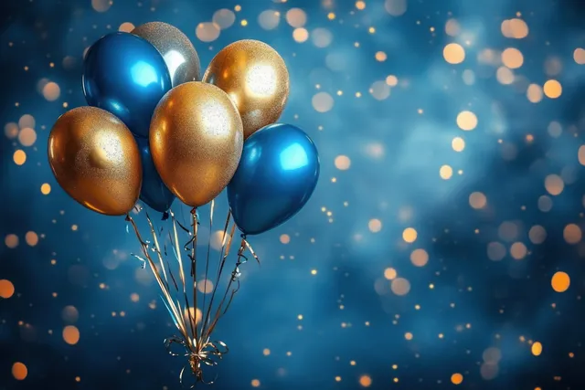 Golden and blue balloons floating against a festive blue confetti backdrop