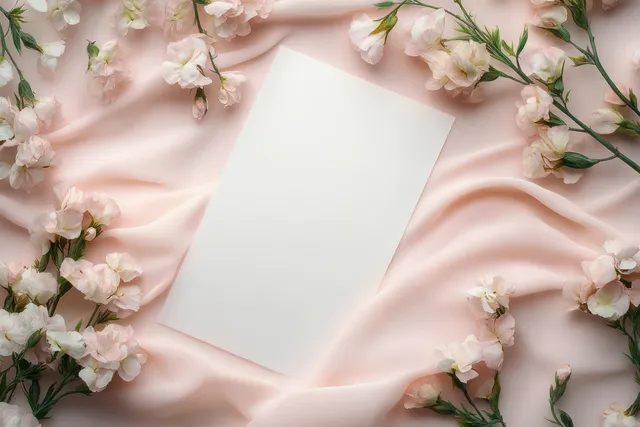 Blank wedding card mockup on blush satin with delicate flowering vines