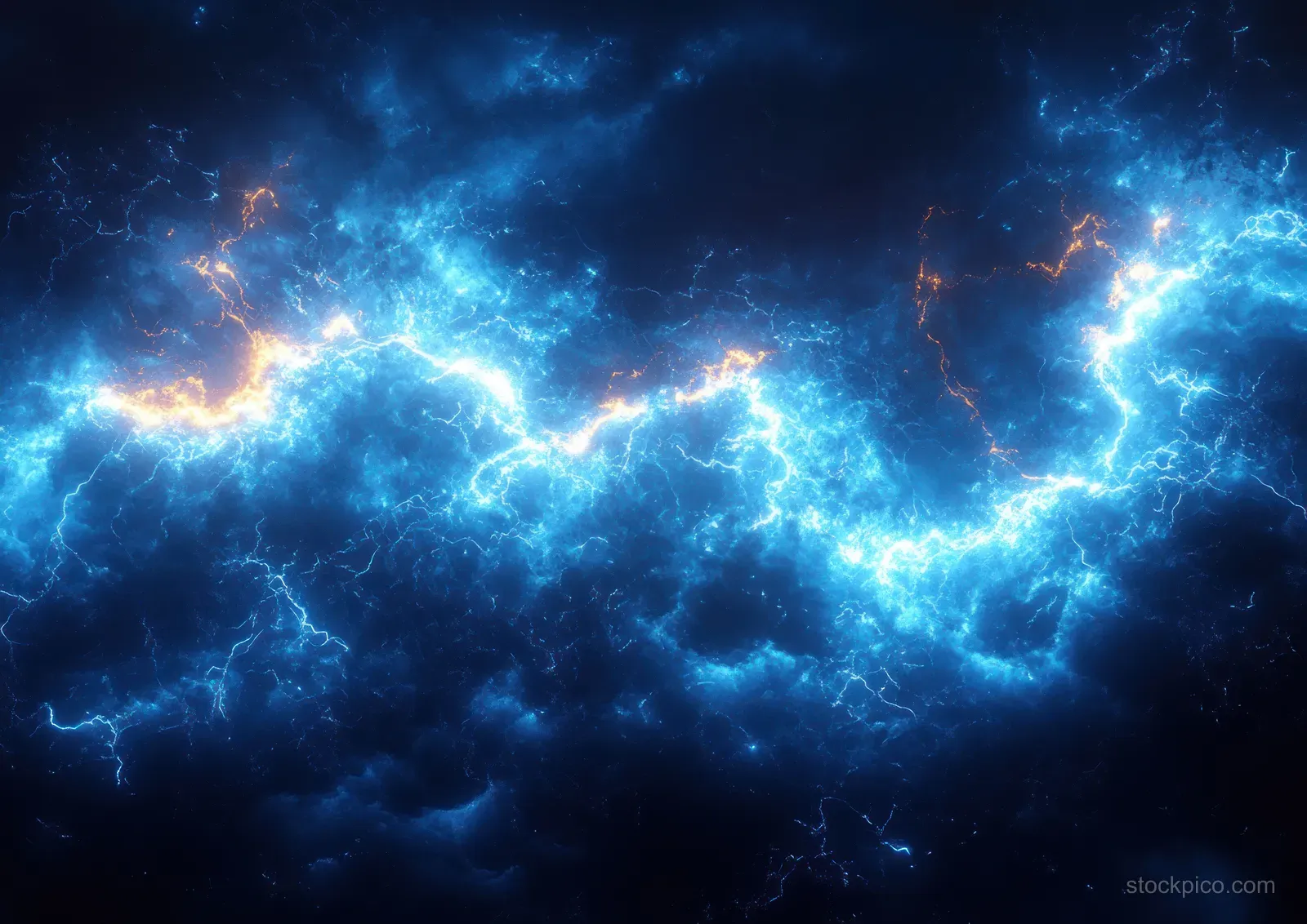 Electric blue lightning bolts flash across dark storm clouds with glowing plasma-like arcs in a night sky.