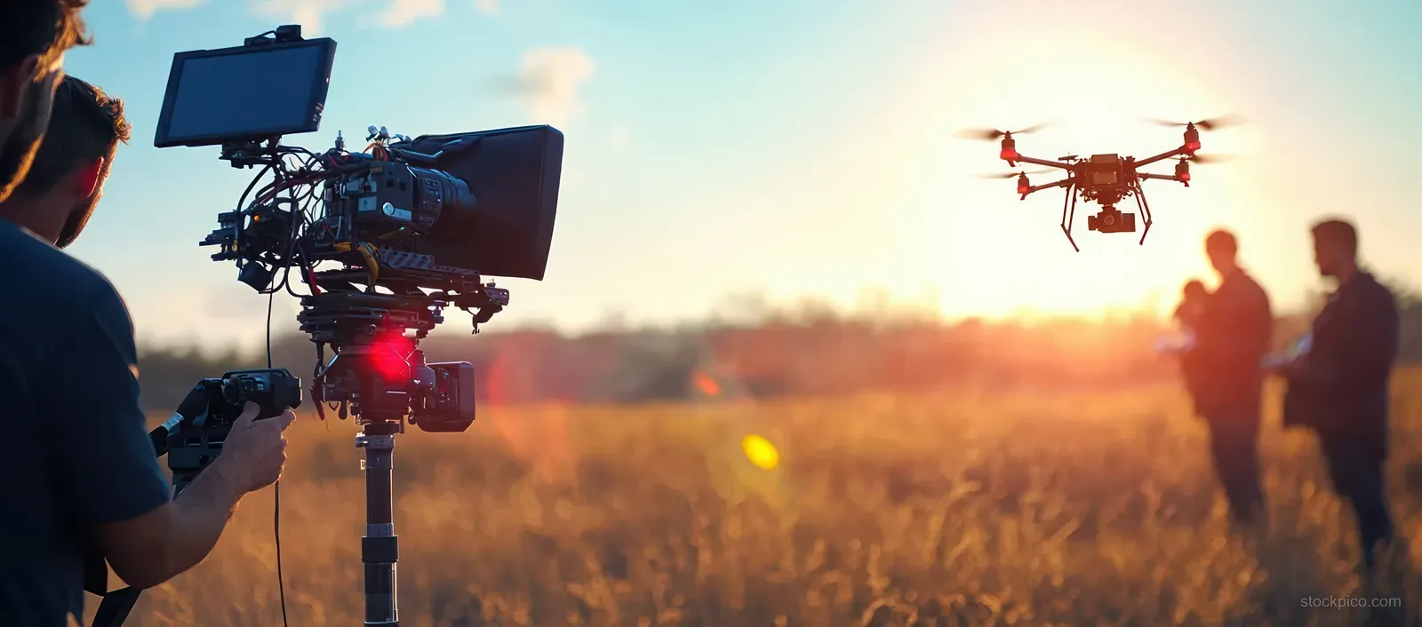 Film crew member holds a camera gimbal while a drone hovers over a golden field at sunset.