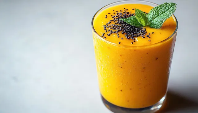Orange smoothie in clear glass with black sesame topping and fresh mint leaves