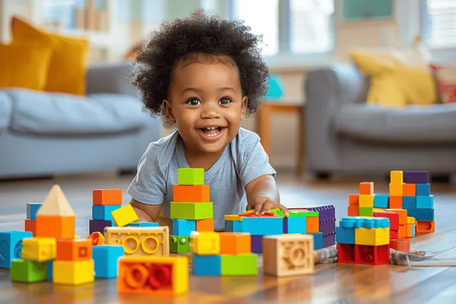 Smiling toddler stacks colorful building blocks on a living room floor with Early Childhood Development