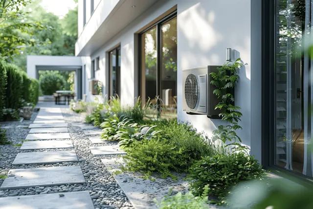 Air source heat pump mounted on a home’s exterior wall beside windows and greenery under sunny light.
