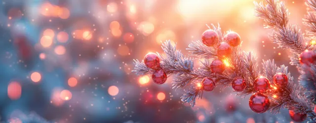Red Christmas ornaments and twinkling lights rest on a frosted garland against a blue snowy background with bokeh.