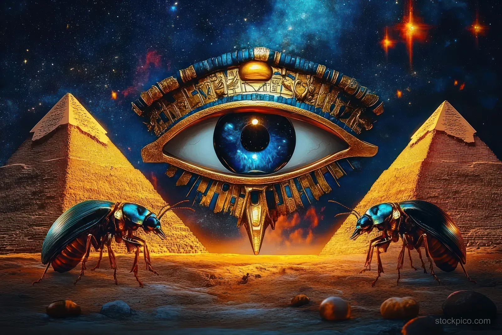 Two giant beetles face each other on desert sand near ancient pyramids under a starry sky, with a floating ornate blue eye above.