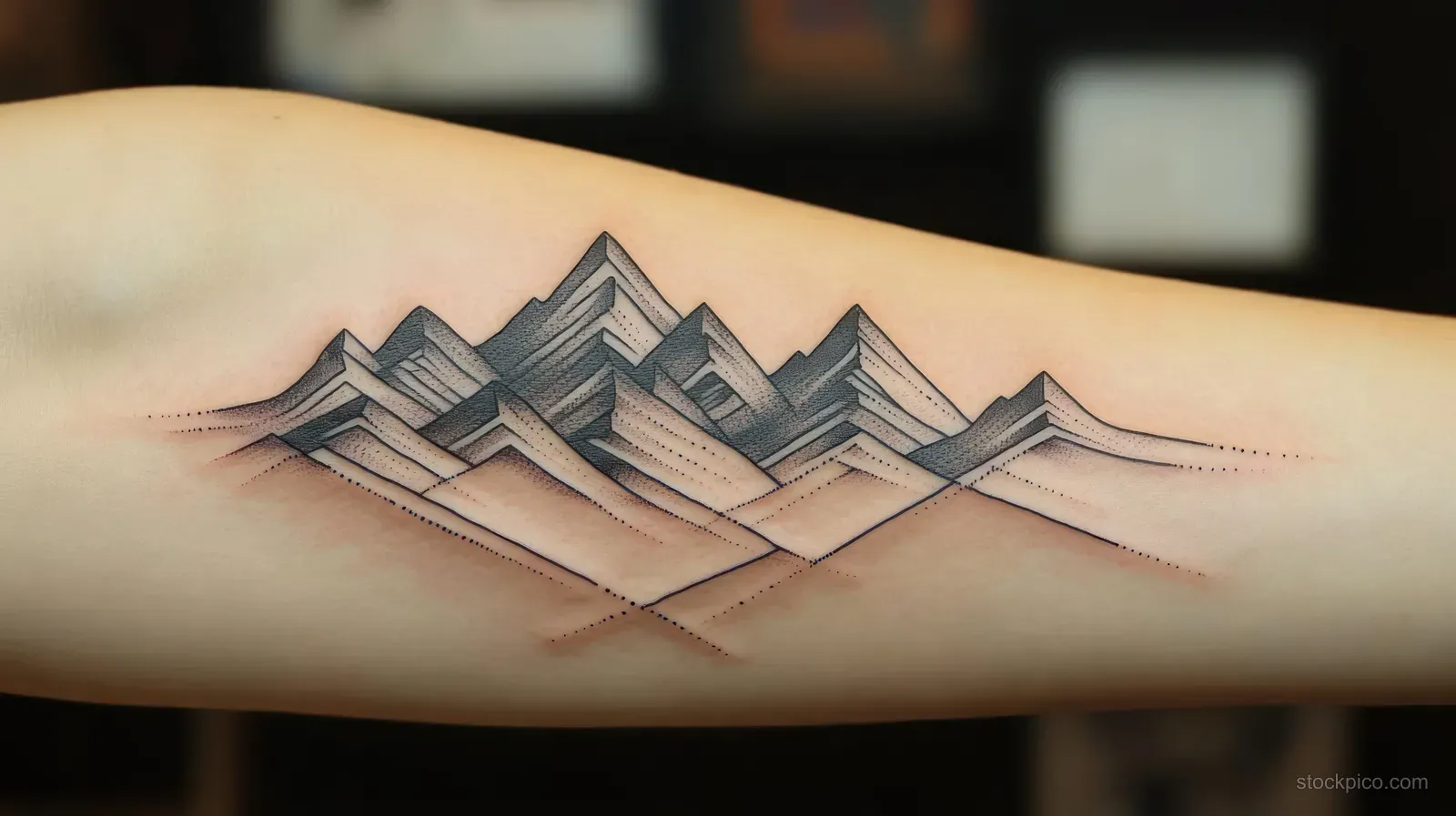 Minimalist black ink mountain range tattoo with geometric peaks and dotwork shading across a forearm.