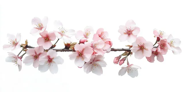Pink and white cherry blossom clusters bloom along a slender brown branch on a clean white background.