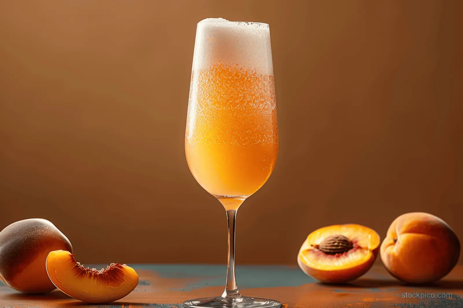 A peach-colored cocktail in a champagne flute with frothy foam, with sliced peaches on a brown background.