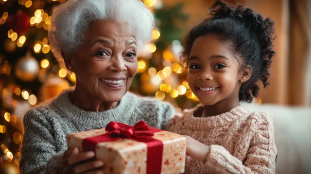 An elderly woman and young girl smile while exchanging a wrapped Christmas gift in front of a lit decorated tree.