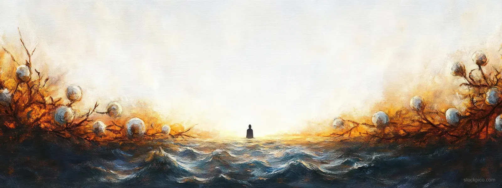 A lone silhouette stands in turbulent waters with glowing orbs on dark branches under a bright sky.