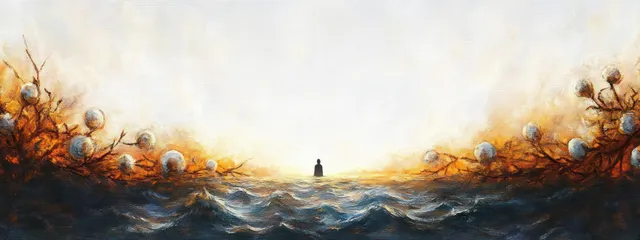 Silhouette figure stands amid turbulent waves, glowing orbs on dark branches under bright sky