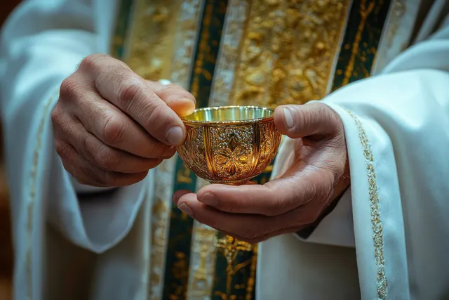A clergy member’s hands hold an ornate golden chalice while wearing a white robe with gold embroidery.