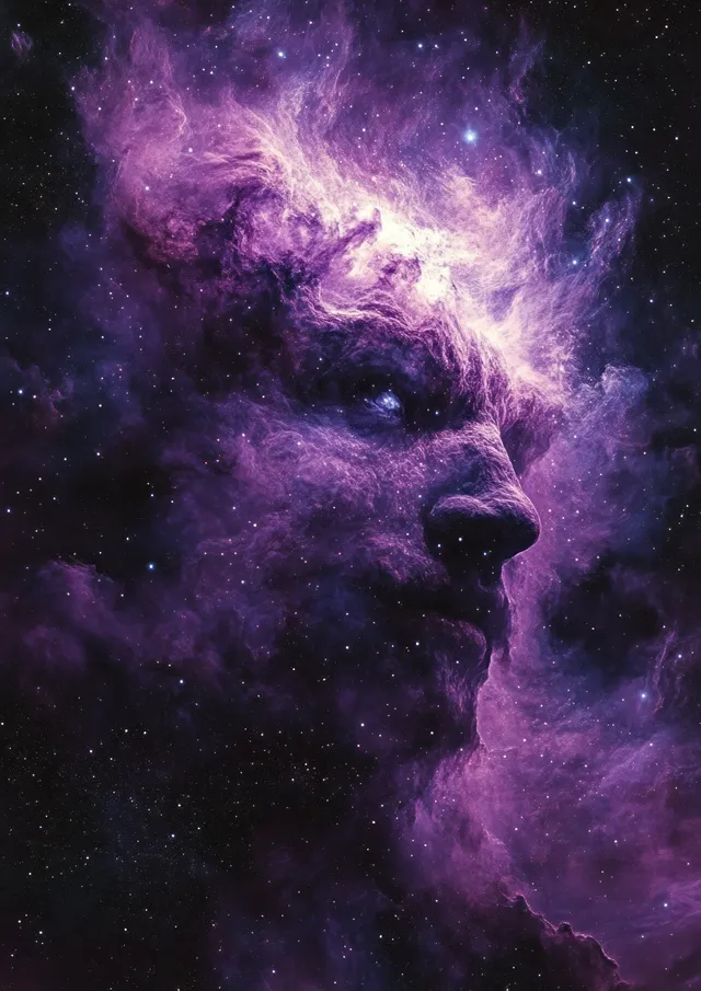 A lion-shaped face made from a purple cosmic nebula glows with bright eyes surrounded by stars.