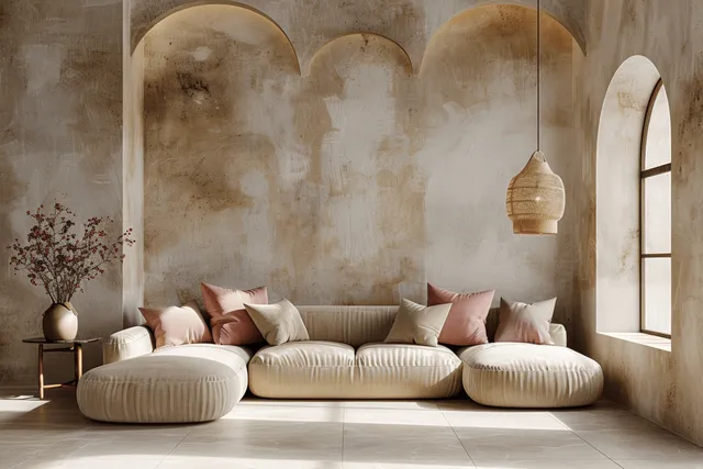 Minimalist beige living room with low sofa, pink pillows, hanging lamp, tiled floor, and arched window light.