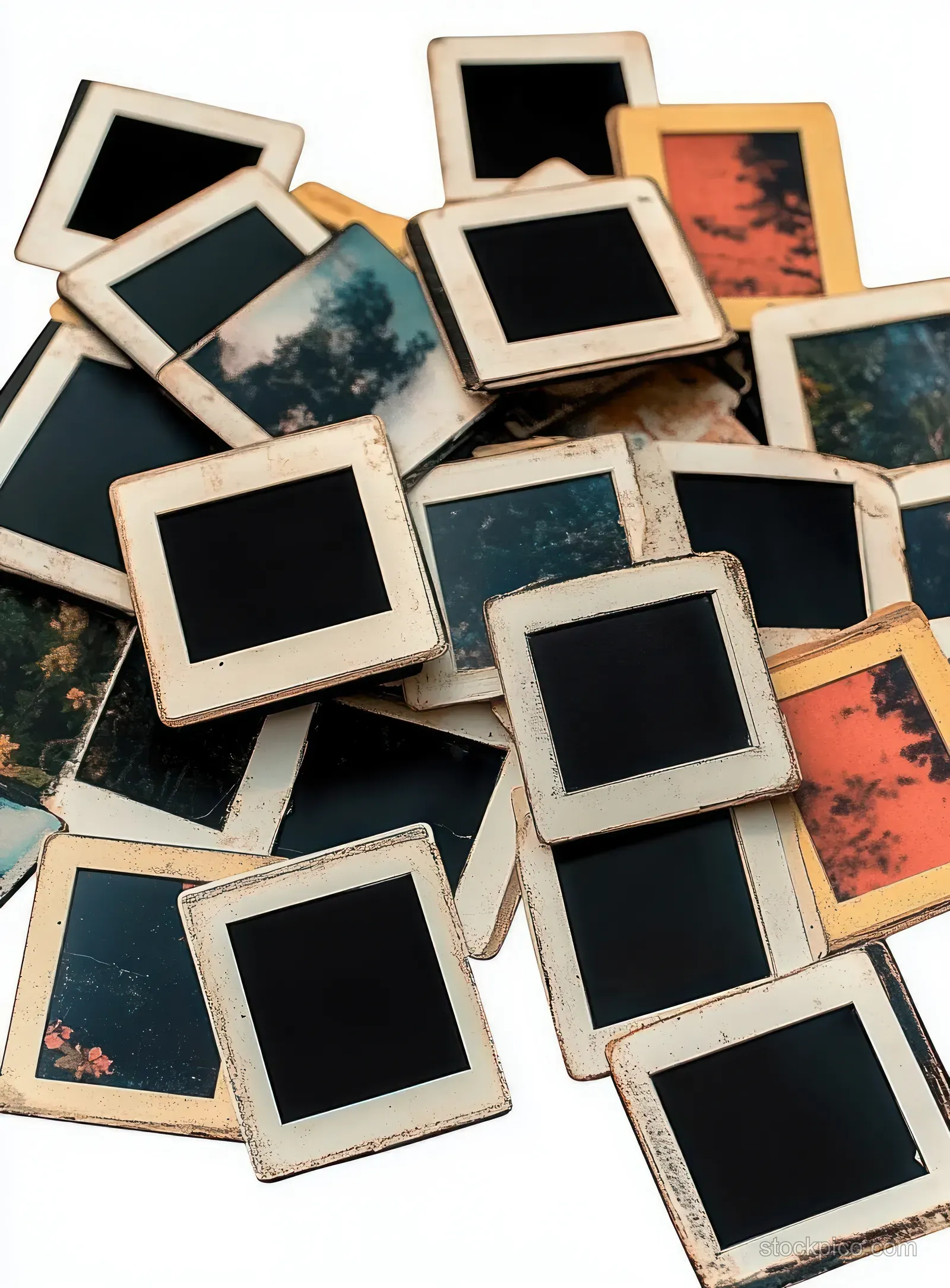 Scattered blank instant photo frames form a pile on a white background with soft shadows.