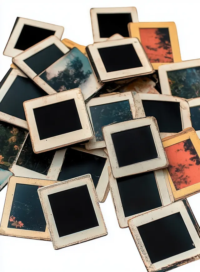 Scattered blank instant photo frames form a pile on a white background with soft shadows.