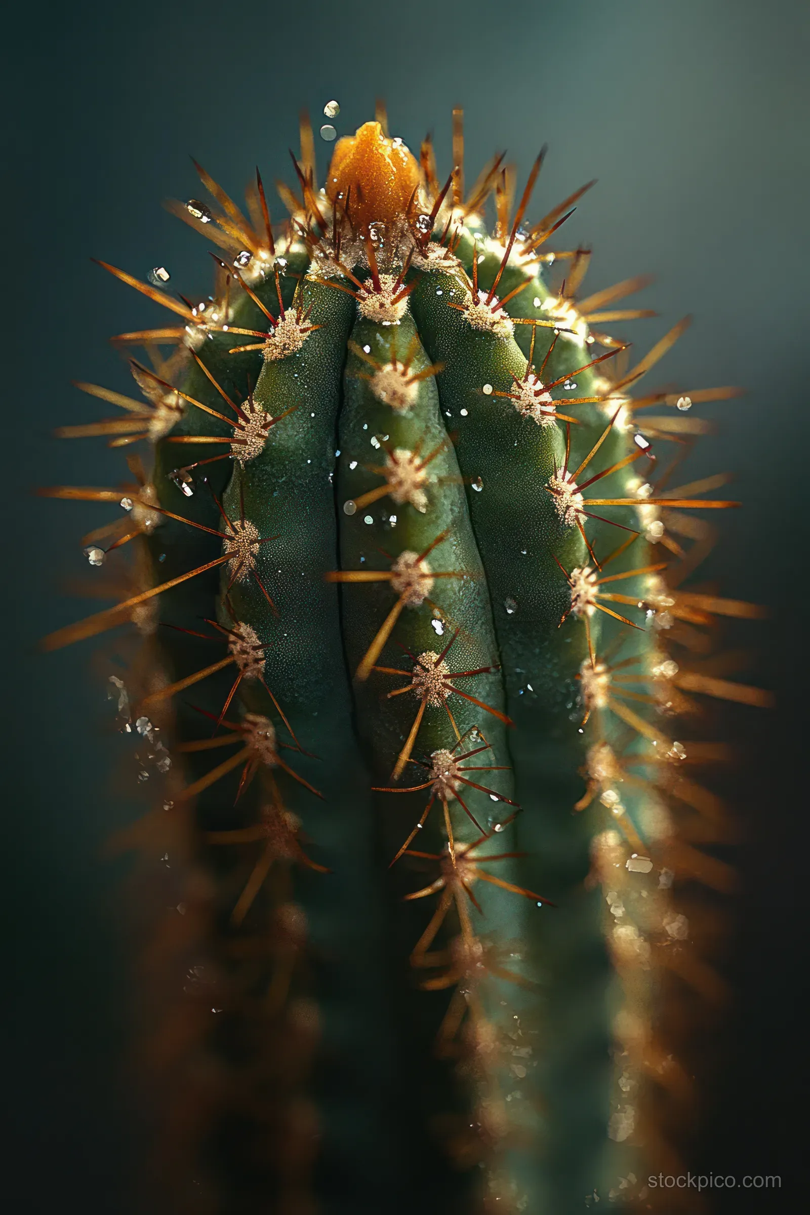 Green cactus close-up with golden brown spines beaded with water droplets against a dark background.