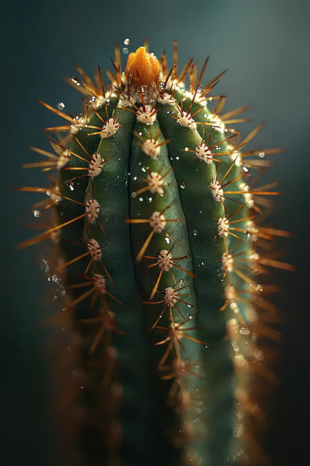 Green cactus close-up with golden brown spines beaded with water droplets against a dark background.