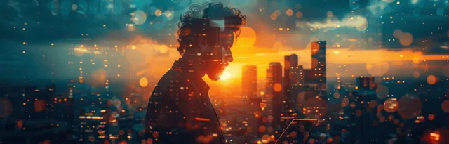 A smart city businessman silhouette reviews investment charts and exchanges data across a glowing network over a night skyline.