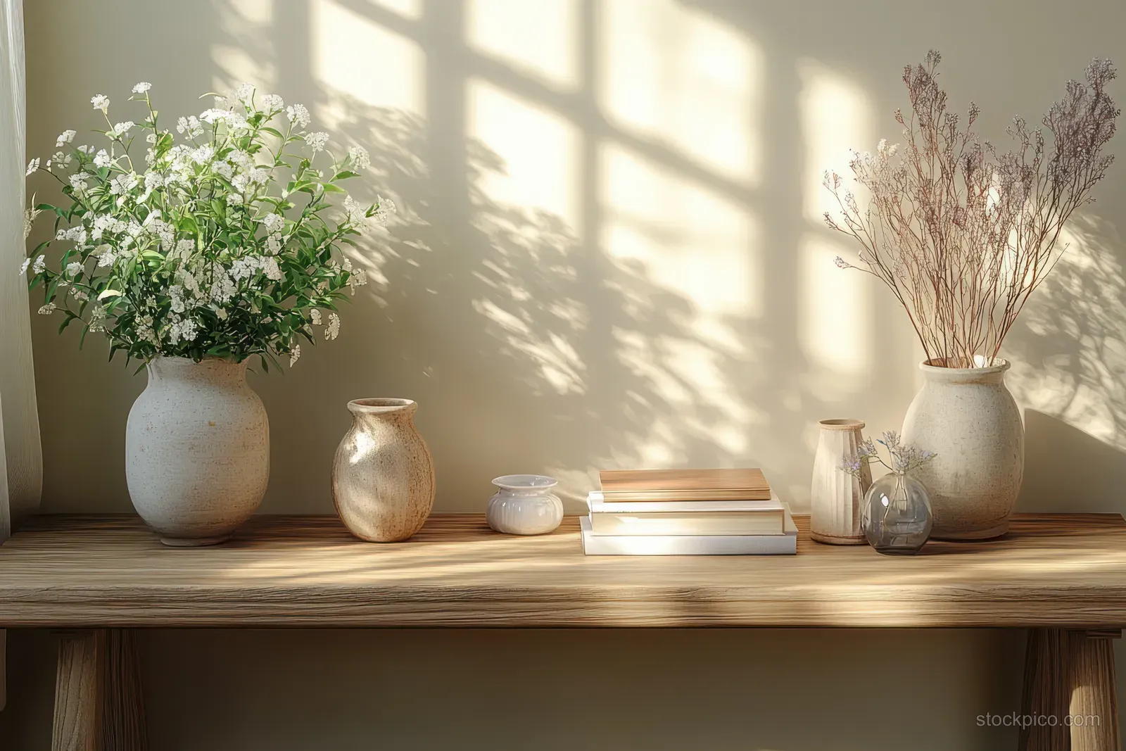 A minimalist console table with stacked books and vases sits under sunlit window shadows.