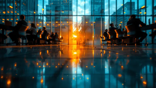 Office team working at sunset through glass windows with glowing skyline reflections
