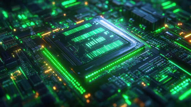 Futuristic circuit board close-up with a glowing microchip and surrounding green and orange LEDs.