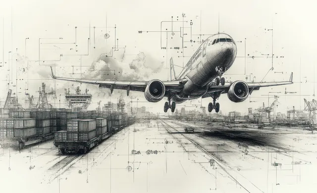 Sketch-style cargo airplane landing over detailed harbor cranes and container docks