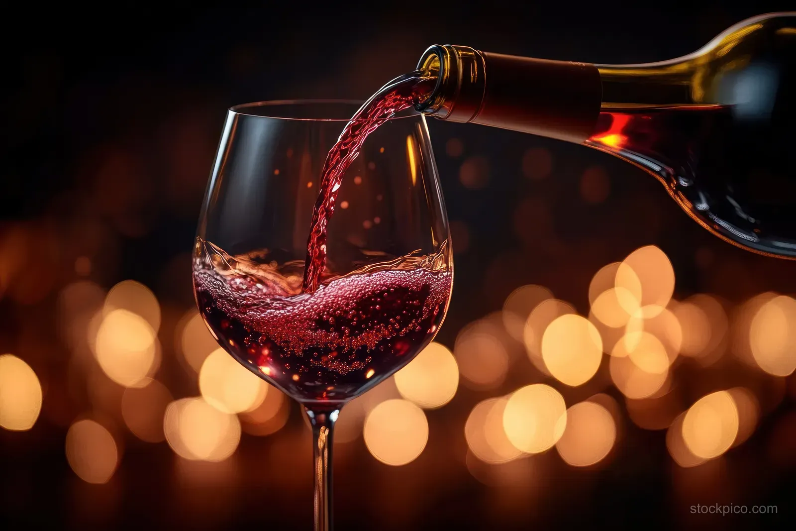 Red wine pours from a bottle into a wine glass with warm bokeh lights and reflections in the background.