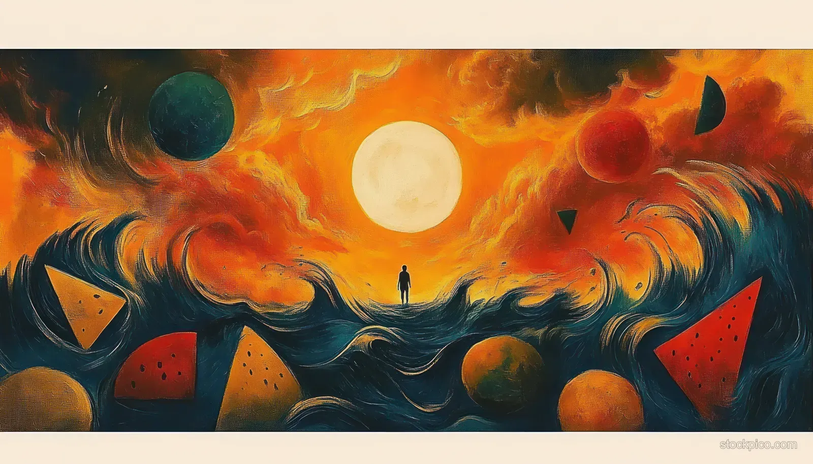 A lone silhouette stands on dark ocean waves under a fiery orange sky with a glowing sun and floating geometric shapes.