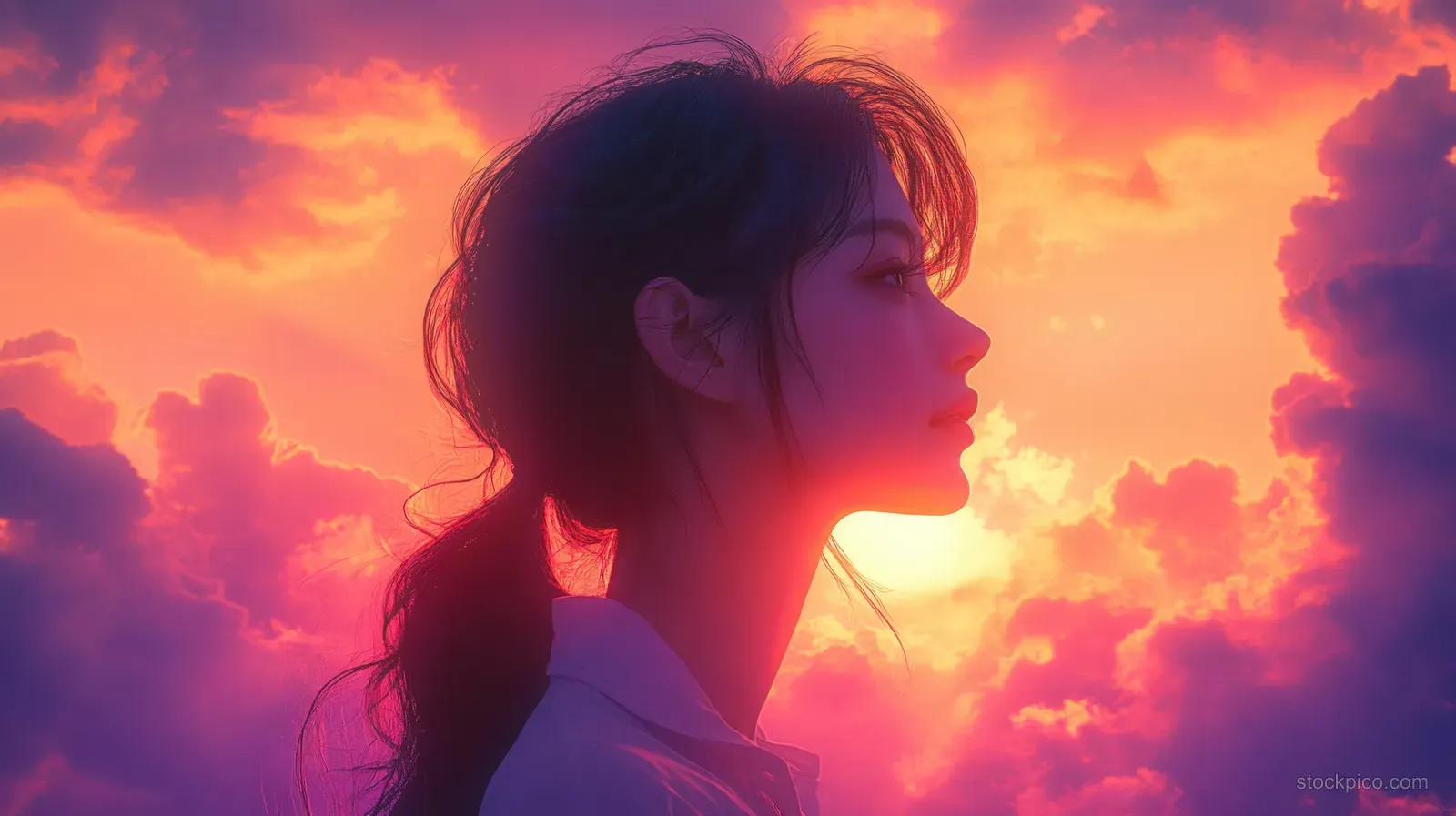 A smiling woman in profile gazes upward at a glowing orange sunset sky with flowing hair.