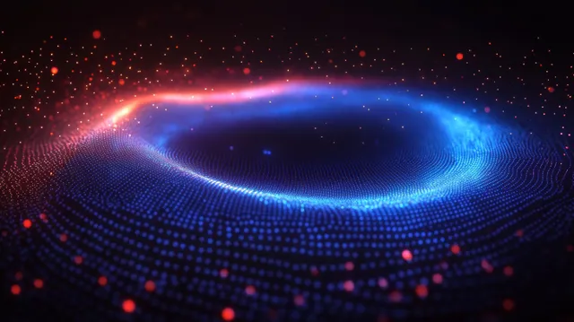 Glowing blue data-wave rings surround a digital sphere made of dotted particles on a dark grid backdrop.