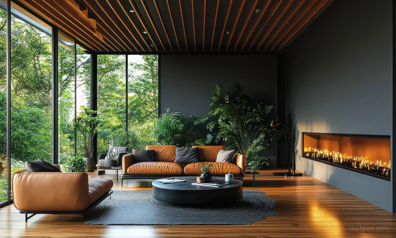 Leather sofas and a coffee table sit in a Scandinavian living room as daylight streams through tall windows and a fireplace glows.