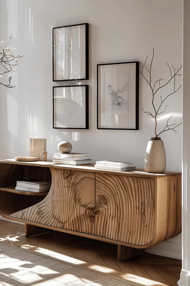 A minimalist wooden sideboard with books is bathed in sunlight, casting shadows from nearby windows onto the empty wall.