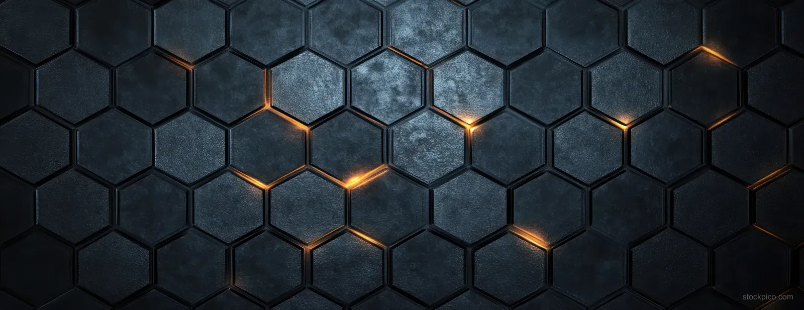 Dark hexagonal industrial tiles form a wall background with glowing amber lines and worn grunge texture.