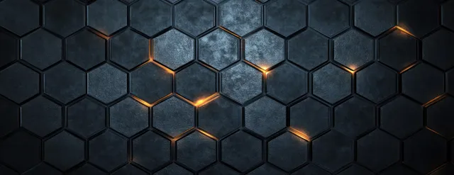 Dark industrial hexagon tile wall background with glowing lines and grunge texture