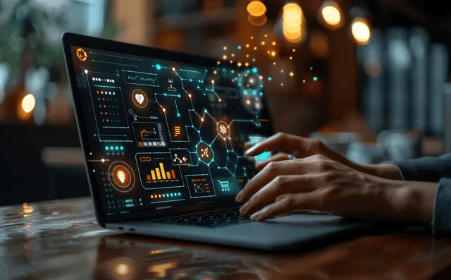 Hands point at a laptop display with glowing workflow flowcharts and connected diagram nodes.