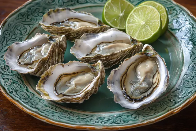 Fresh shucked oysters on a green ceramic plate with lime wedges close-up